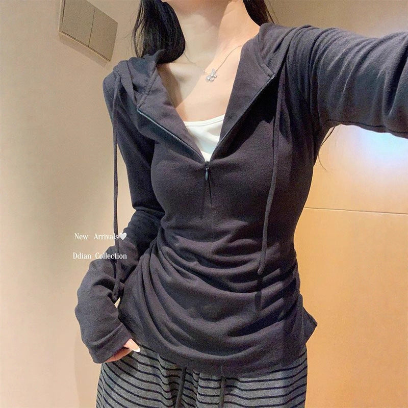 Women's Gray Half Zipper Fake Two-piece Hooded Long-sleeved Sportswear Women's T-shirt