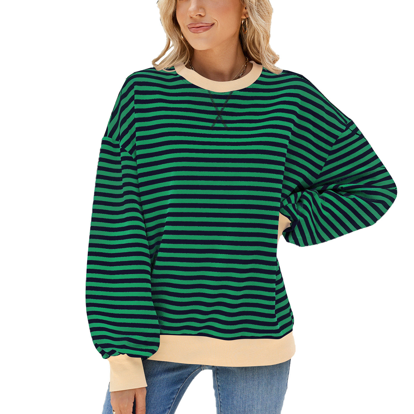 Women's Round Neck Contrast Color Loose Long Sleeve Women's Sweater, Sweater