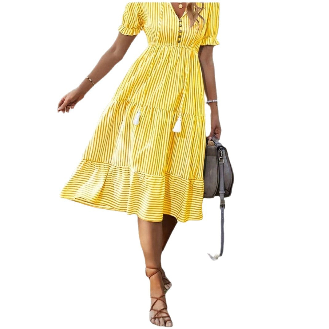 Women's Striped Elastic Waist Sleeve Expandable Dress