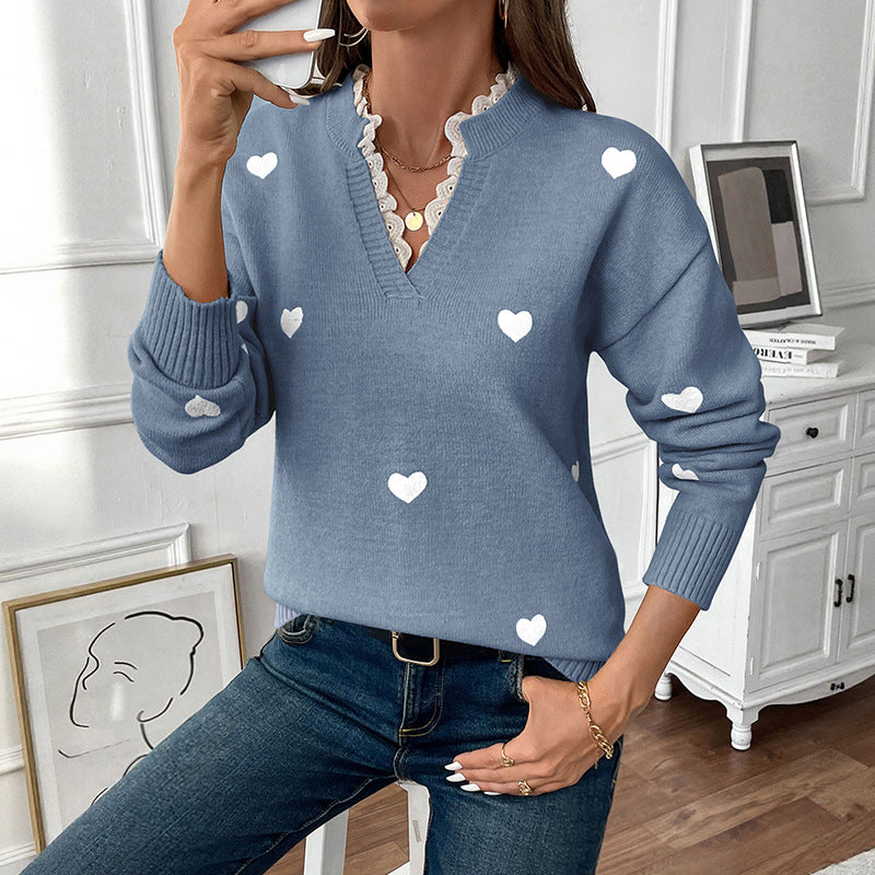 Printing Russian Stand Collar Lace Valentine's Sweaters