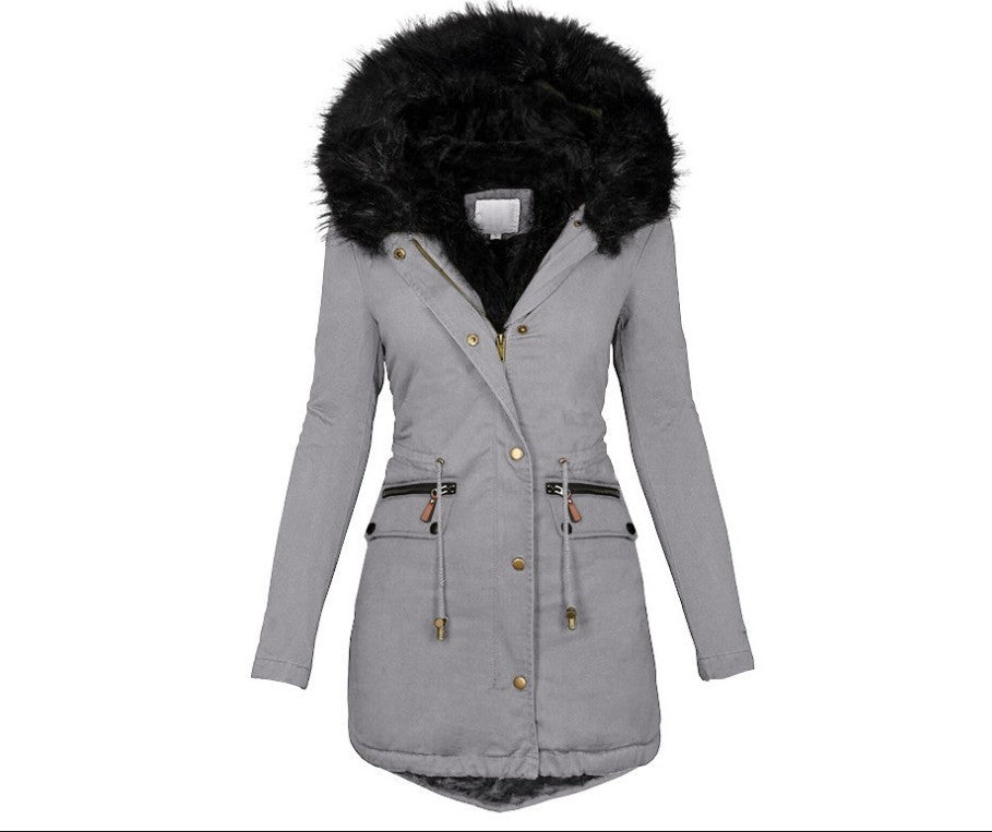 Women's Solid Color Fur Collar Hood Mid-length Coats