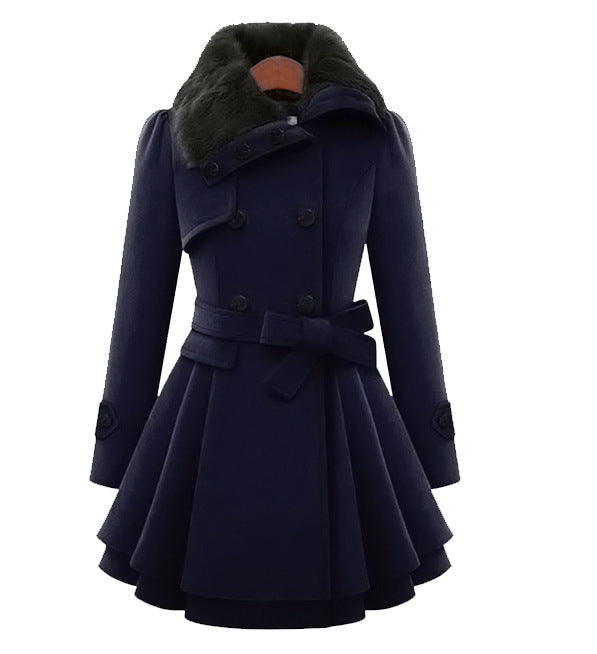 Women's Large Mid-length Woolen Double-breasted Padded Fur Coats