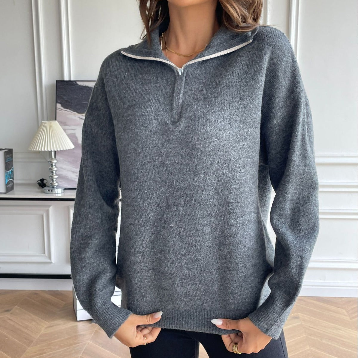 Women's Solid Color Casual Sweatshirt Loose Zip Sweaters