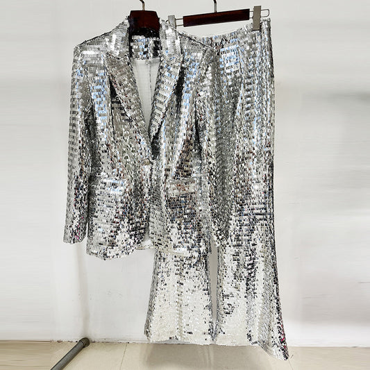 Fashion One Button Mesh Sequins Two-piece Suits
