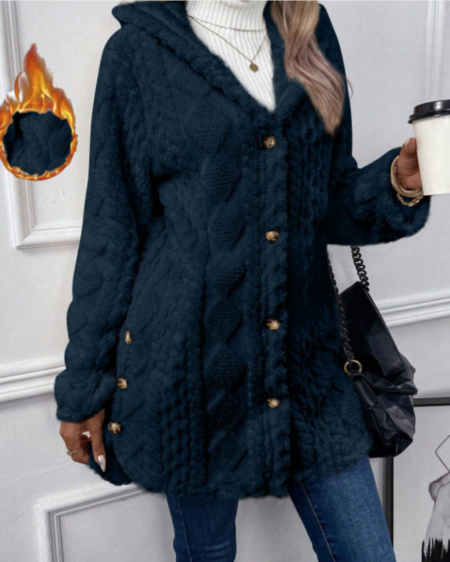 Hooded Solid Color Button Long Sleeve Women's Sweater, Sweater