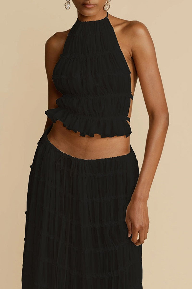 Strap Drawstring Chiffon Pleated Dress Two-piece Dresses