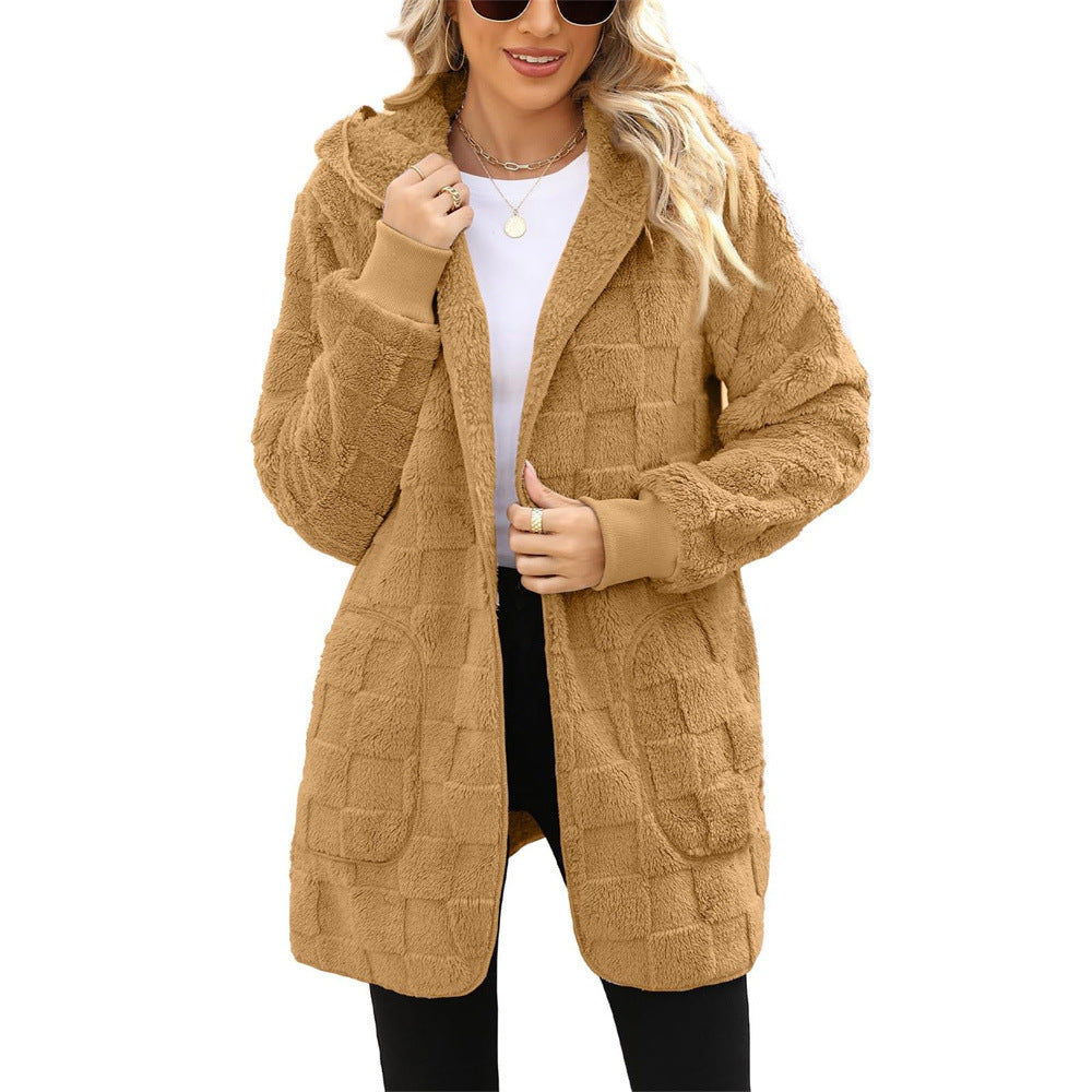 Women's Winter Plaid Jacquard Hooded Pocket Plush Women's Sweater, Sweater