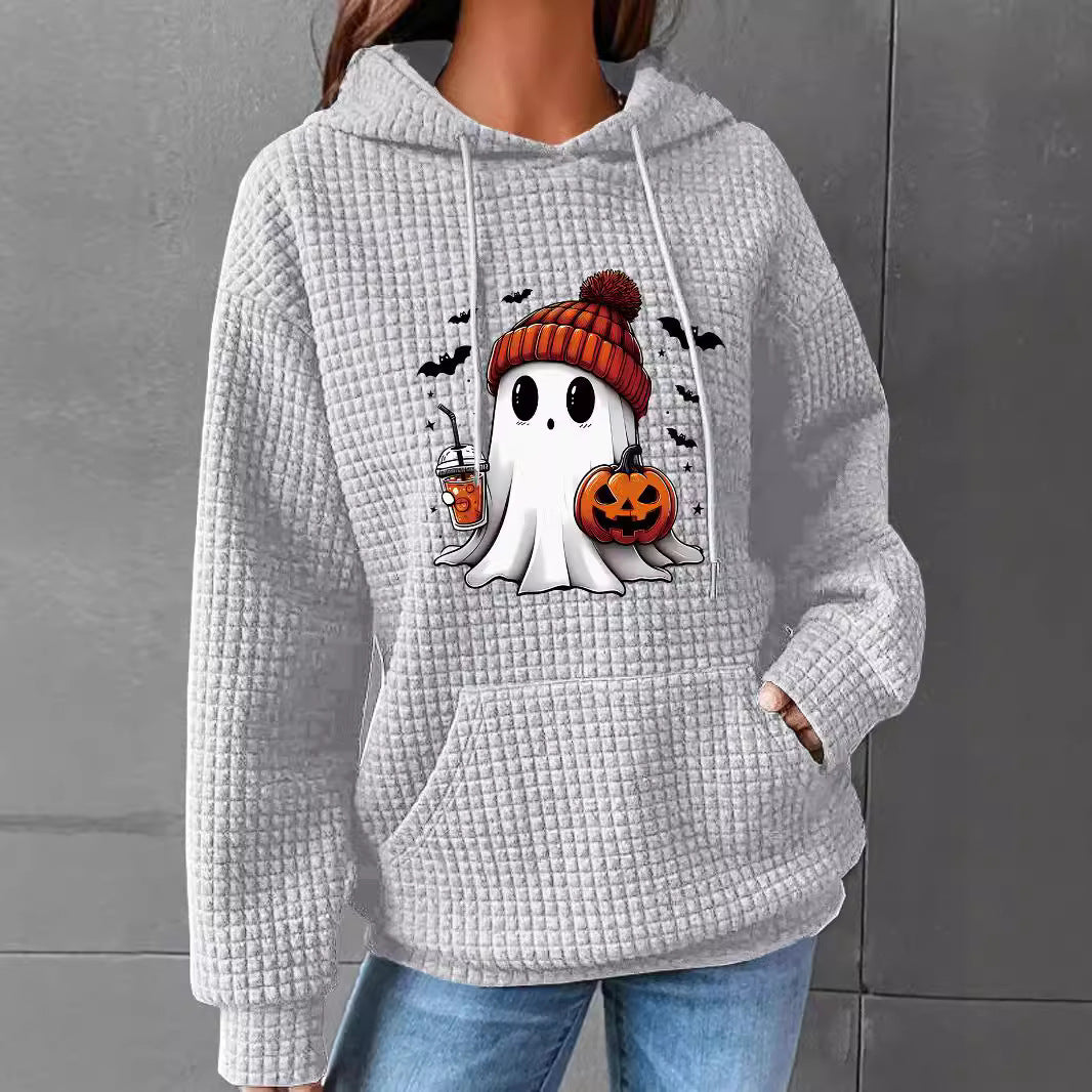 Women's Waffle Hooded Long-sleeved Halloween Printed Loose Sweaters