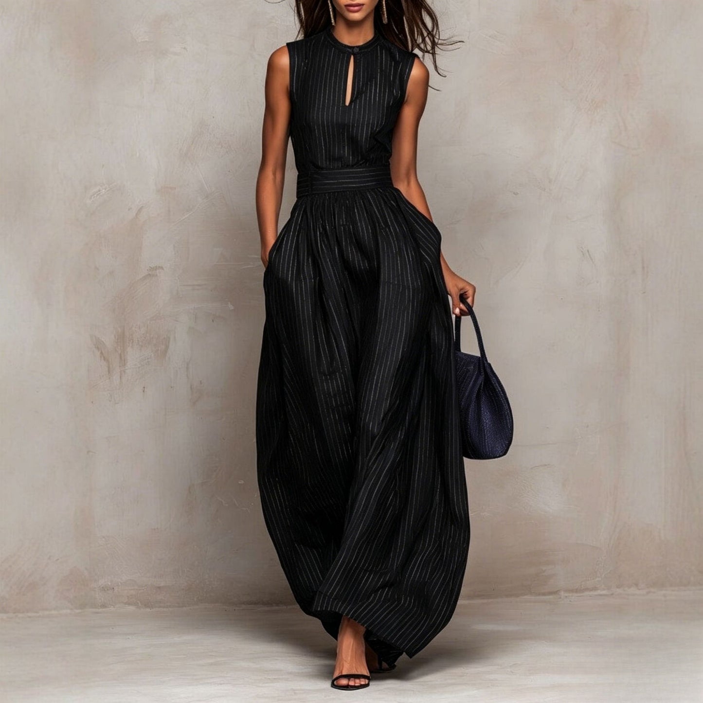 Women's Deep Blue Stripes Sleeveless Waist Wide Leg Long Graceful Women's Jumpsuit/clothing