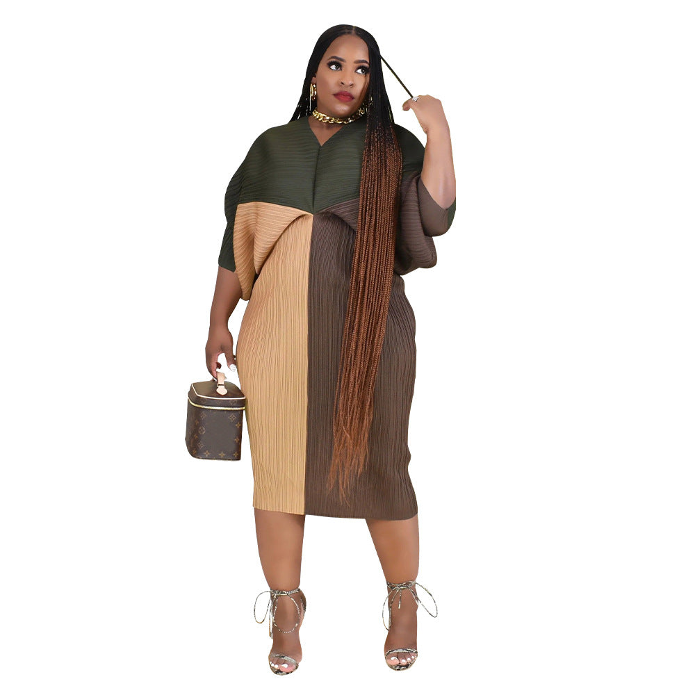 Women's Polyester Batwing Sleeve Pleated Printed Dress Dresses