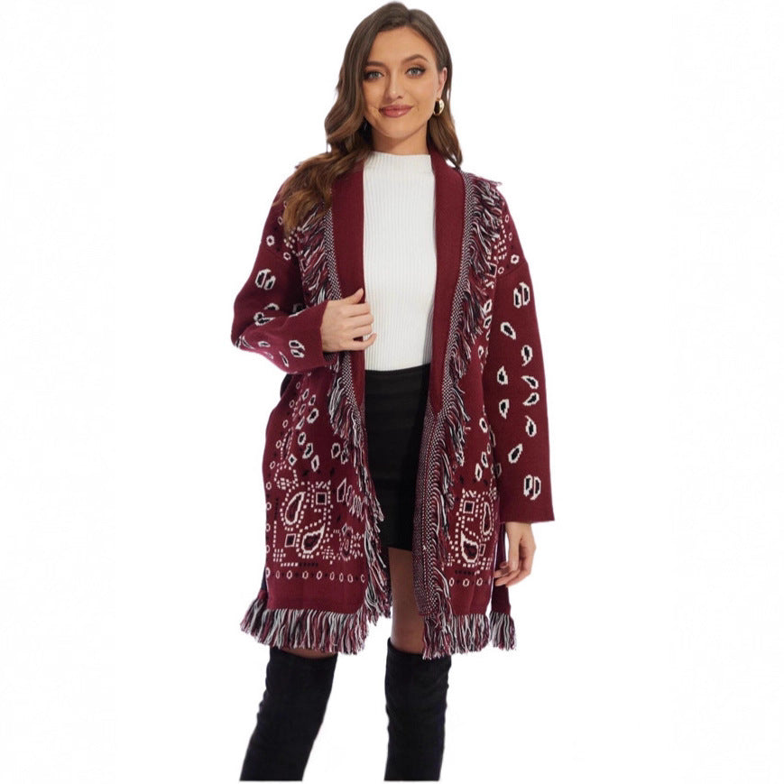 Red Thickened Tassel Jacquard Mid-length Loose Sweaters