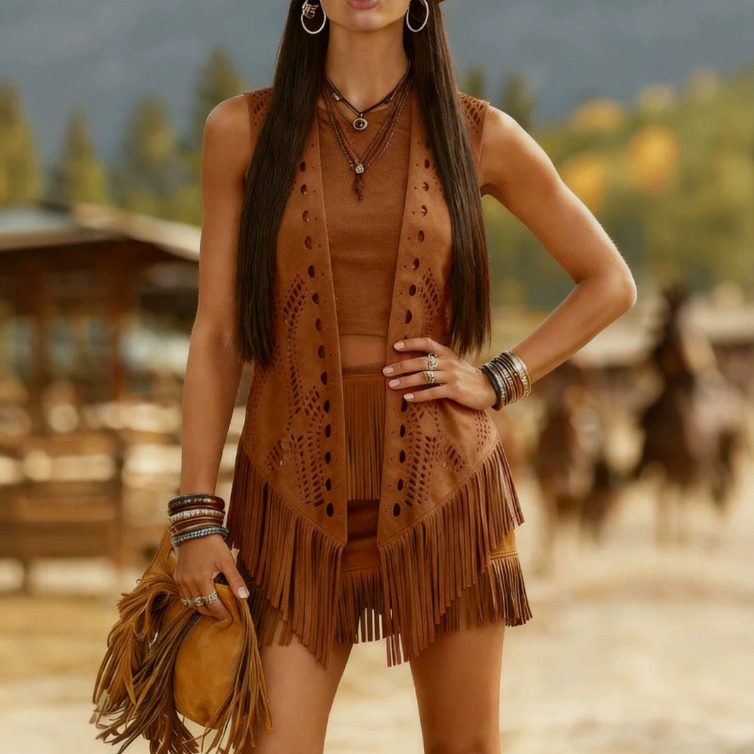Women's Fashionable Retro Ethnic Style Hollow Tassel Sleeveless Versatile Vests