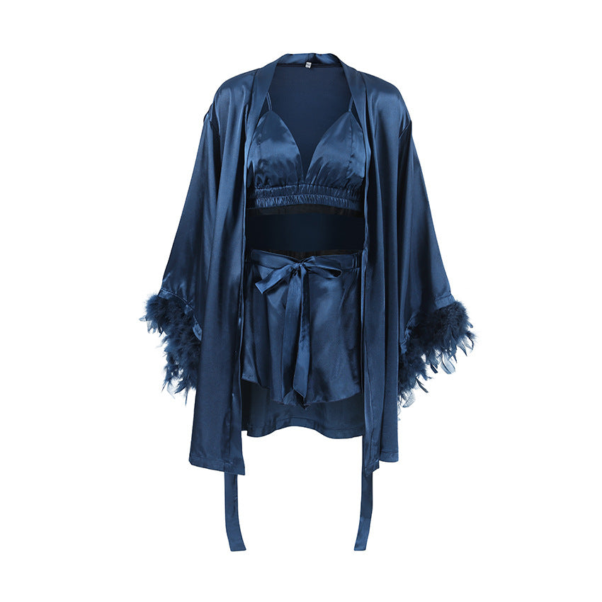 Women's Satin High-grade Stitching Feather Underwear Nightgown Suits