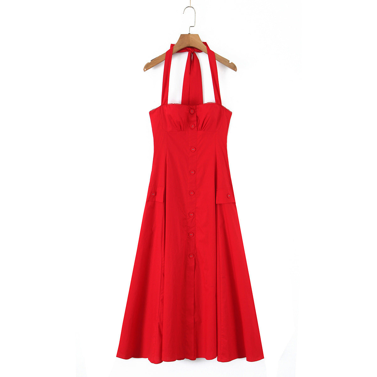 Style Hot Elegant Design Button Halter Midi Dress Summer Dresses