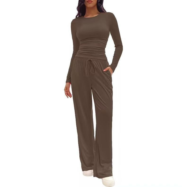 Solid Color Long Sleeves Outfit High Waist Wide Tops