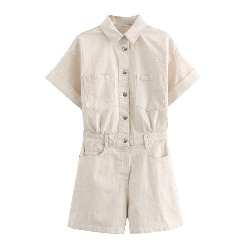 Women's Summer Rollneck Shirt Pocket Decoration Denim Jumpsuits
