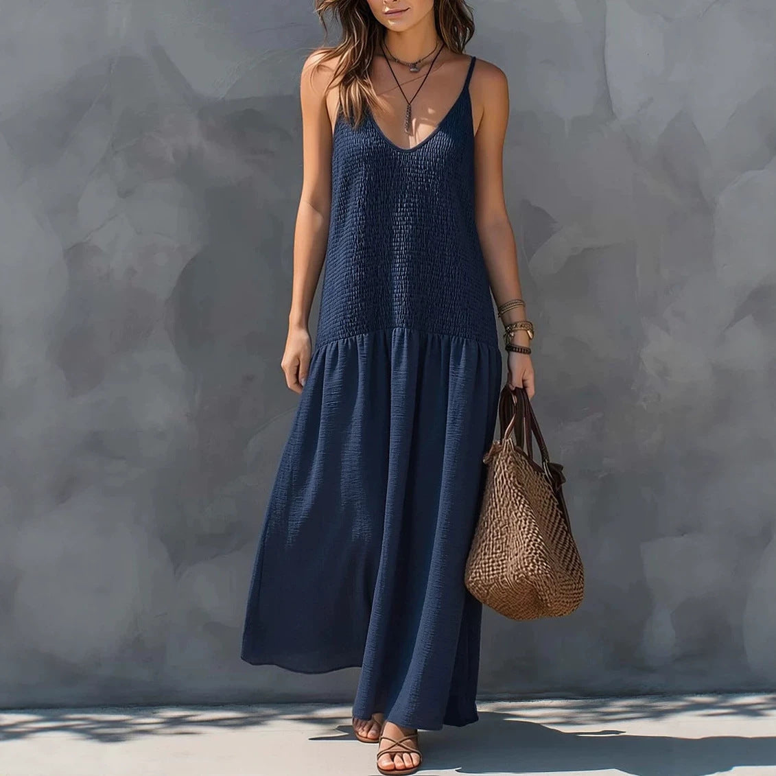 Retro Bohemian Style Backless Smocking Design Strap Long Dress