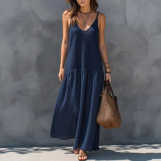 Retro Bohemian Style Backless Smocking Design Strap Long Dress