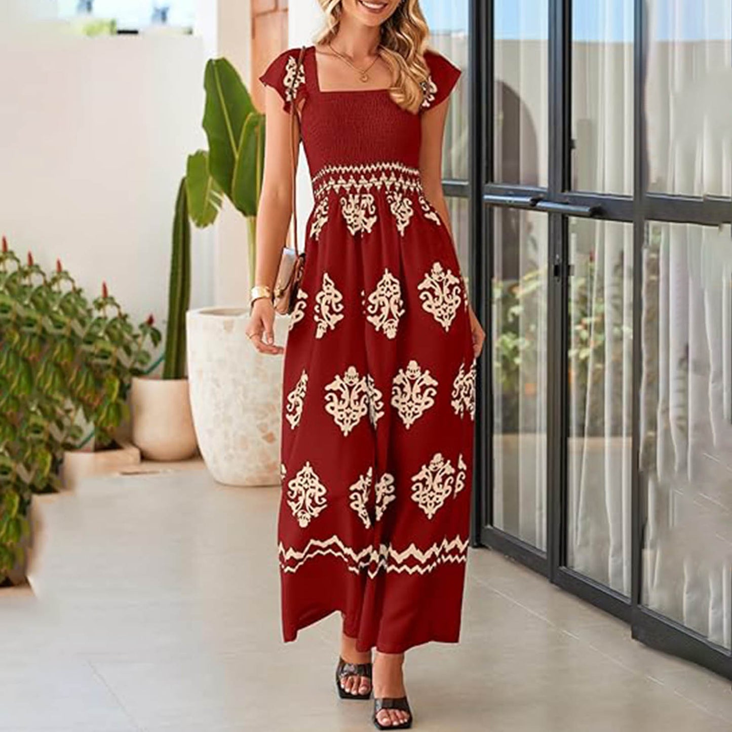 Women's Bohemian Suspender Vintage Printed Cover Sleeve Women's Jumpsuit/clothing