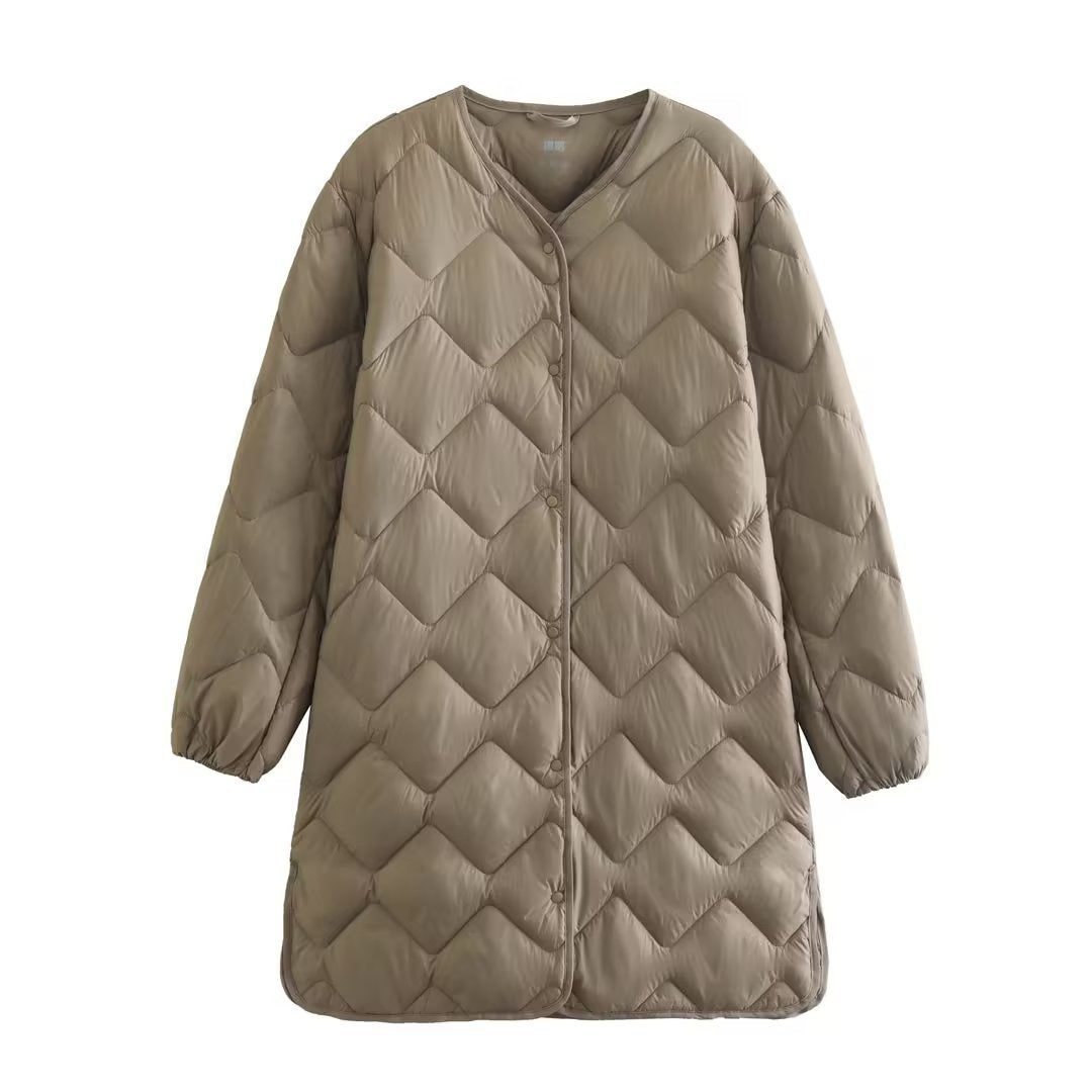 Women's Mid-length White Duck Rhombus Round Neck Jackets