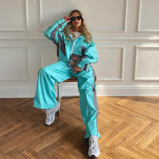 Women's Color Matching Long Sleeve Zipper Contrast Suits