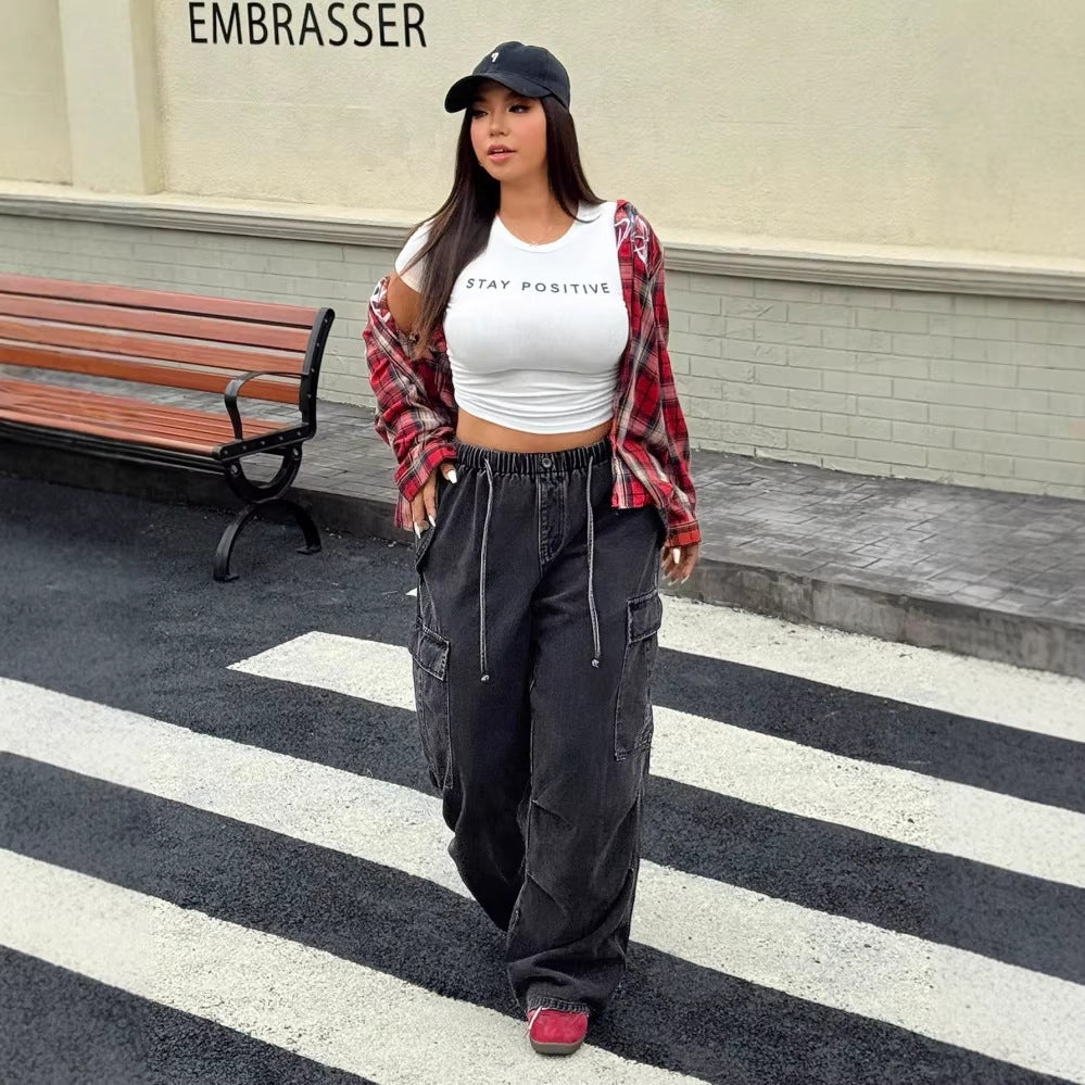 Oversized Cargo Distressed Drawstring High Waist Loose Women's Jeans