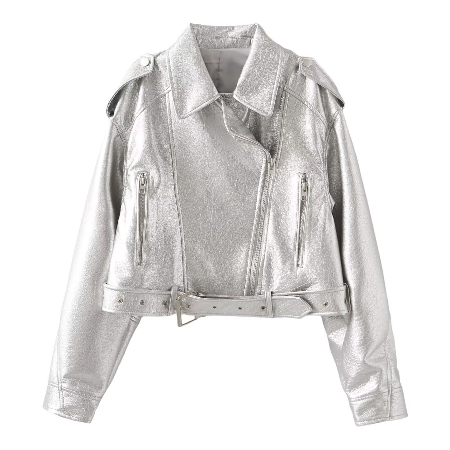 Women's Oblique Zipper Belt Lapel Leather Jackets