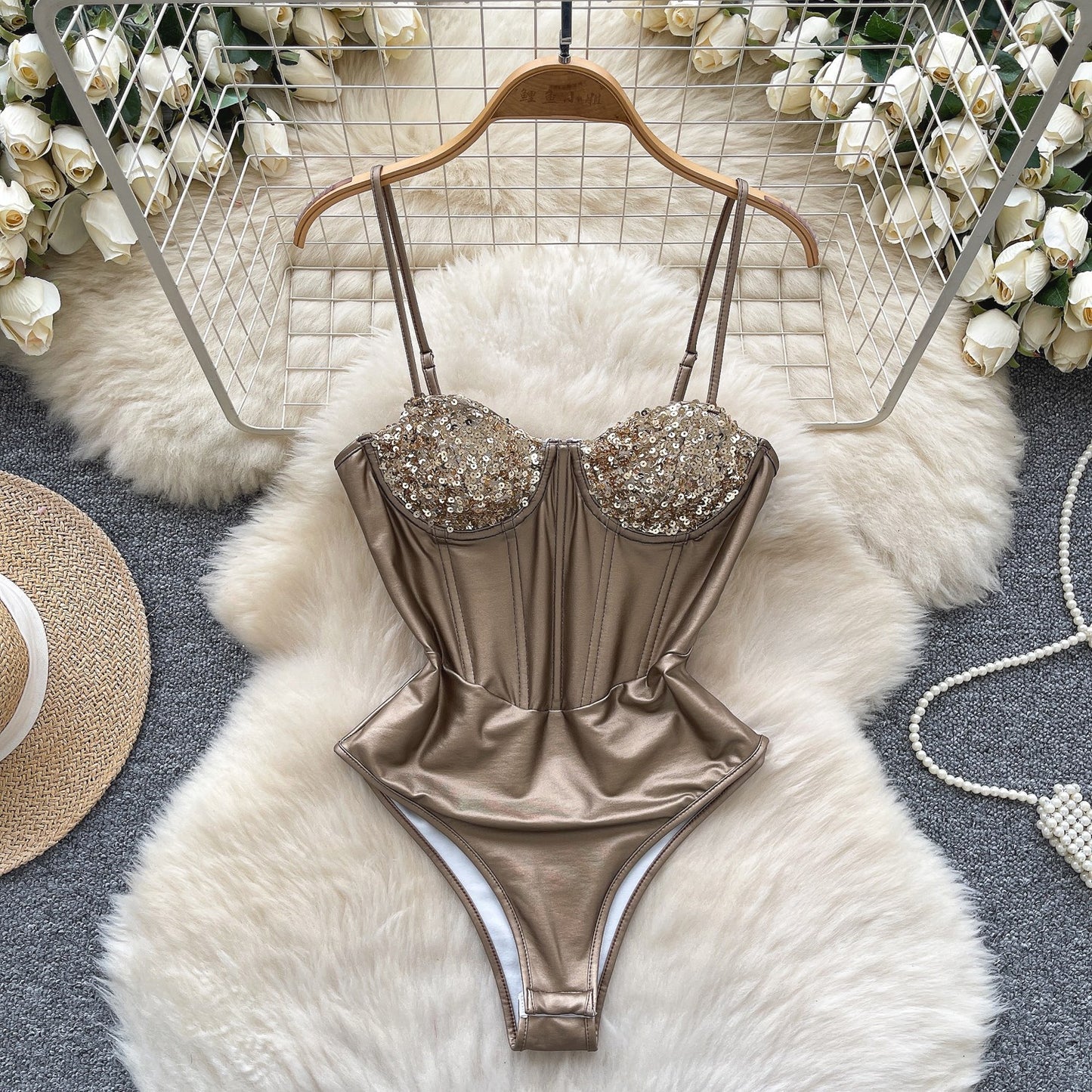Satin Sequined Sling Sexy Backless Fishbone Steel Women's Jumpsuit/clothing