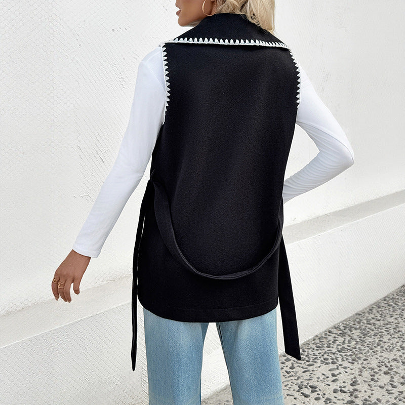 Women's Casual Simple Lace Lapel Contrast Color Vests