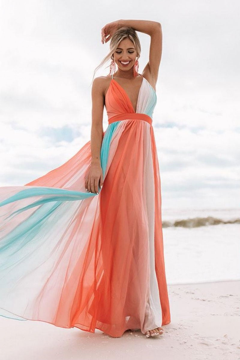 Women's Sexy Suspenders Deep V Rainbow Mesh Dresses