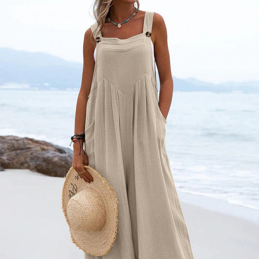 Women's Style Fashion Button Solid Color Wide Jumpsuits