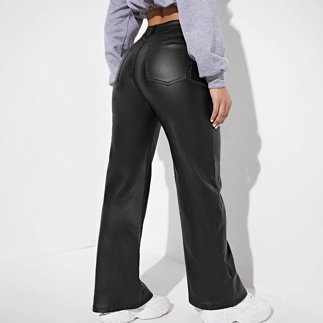 Women's Leather High Waist Wide Leg Casual Pants