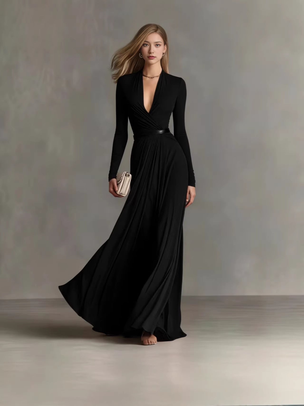 Women's Solid Color Deep V Long Sleeve Dress