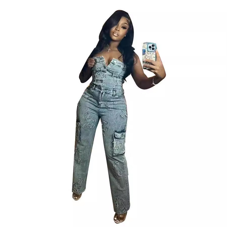 Tube Embroidered One-piece Trousers Cross Elastic Jumpsuits