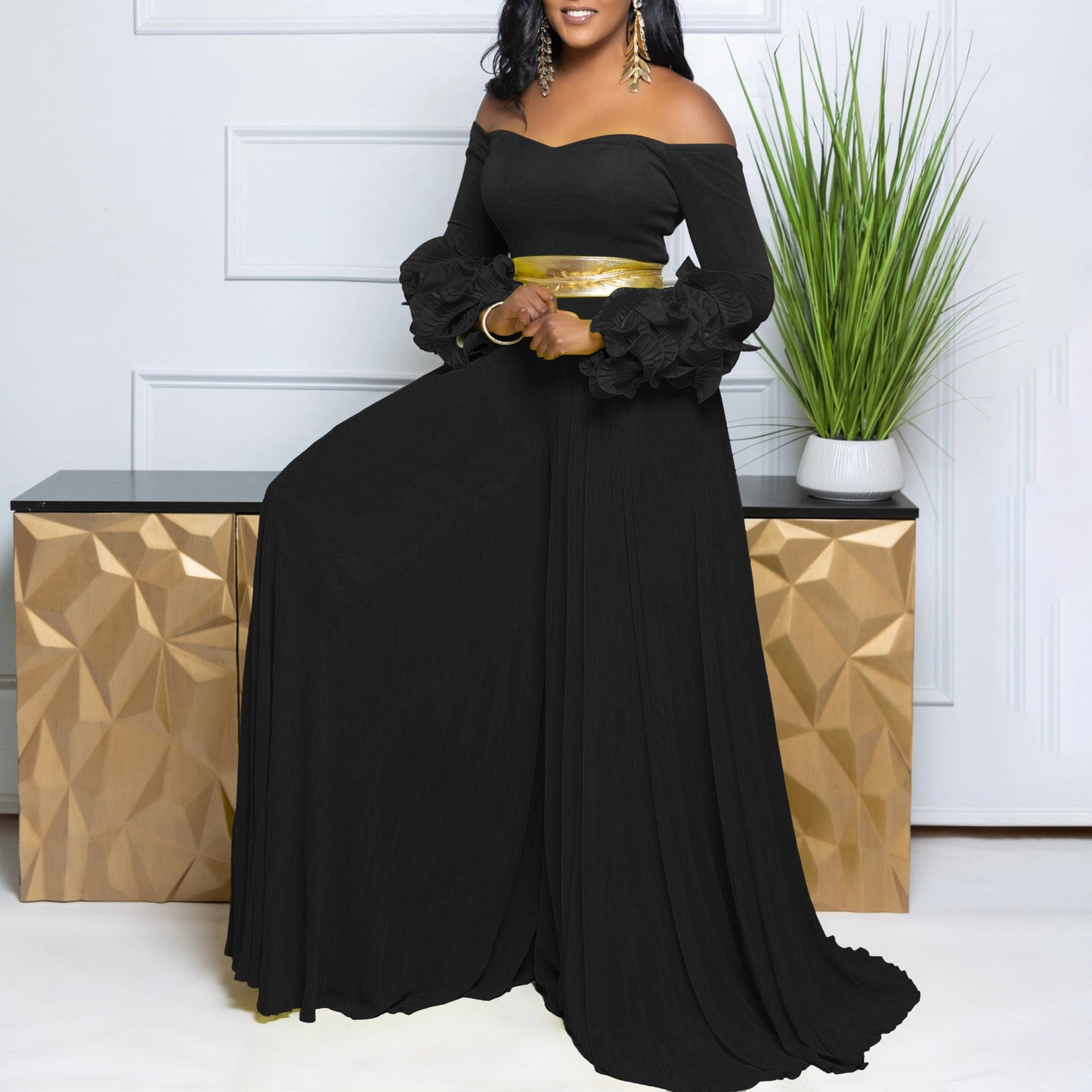 Fashion Ruffle Sleeve Solid Color Pleated Jumpsuits