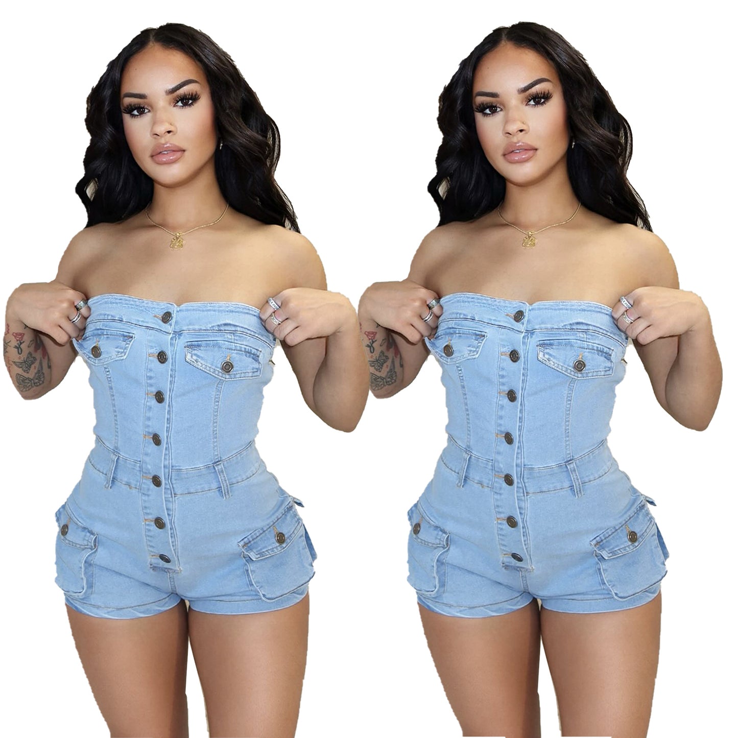 Casual Summer Denim Tube Stretch One-piece Jumpsuits