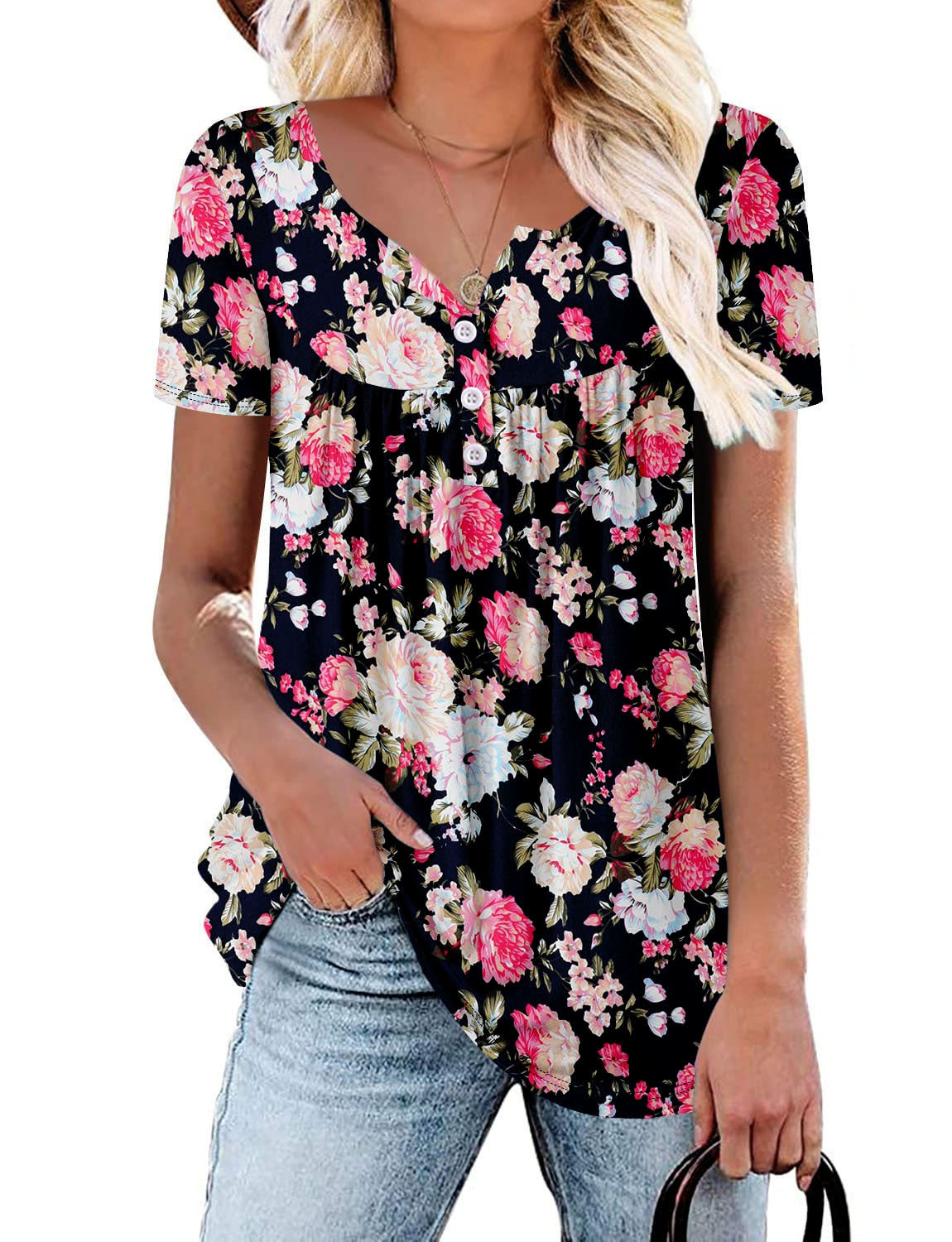 Women's Summer Fashion Button Flower Printed Short-sleeved Tops