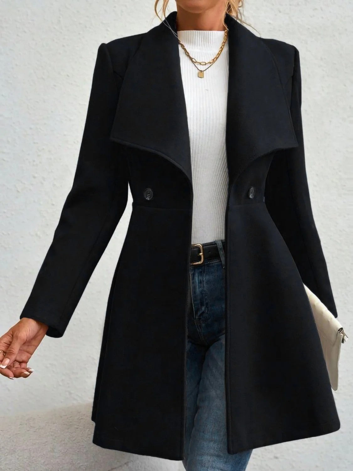 Women's Woolen Solid Color Polo Collar Double-breasted Coats