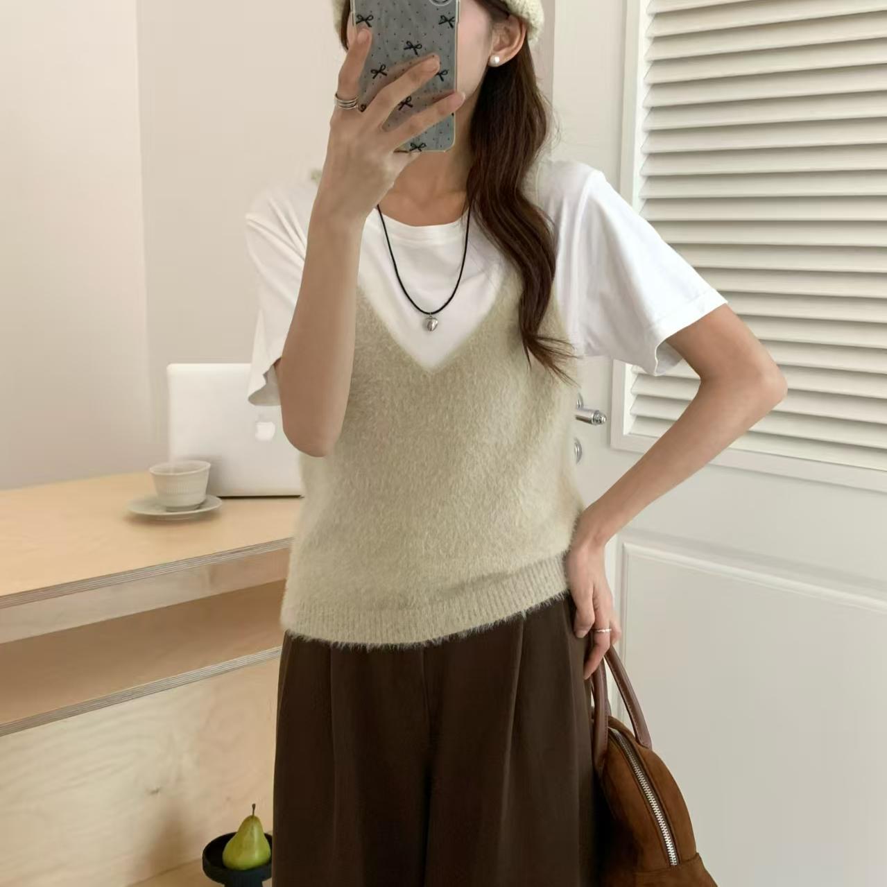 Korean Style Fashion Imitation Mink Simple Bandage Dress Knitted Women's Vest
