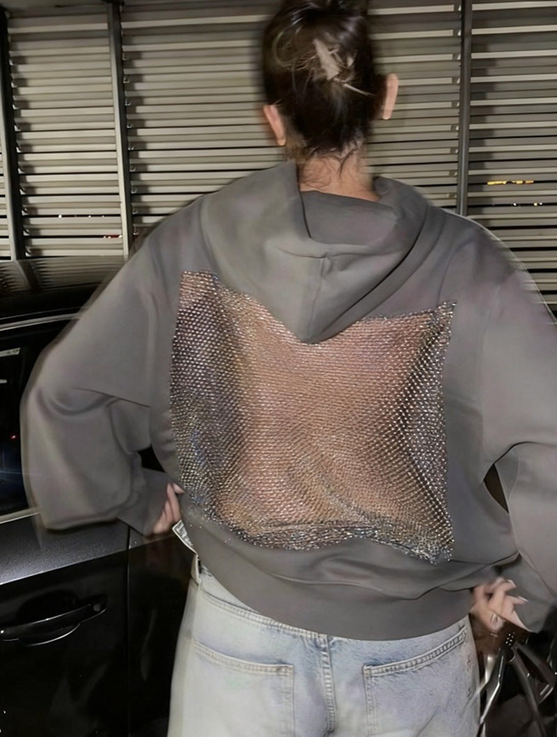 Women's Hooded Long Sleeve Backless Stitching Mesh Women's Sweater, Sweater
