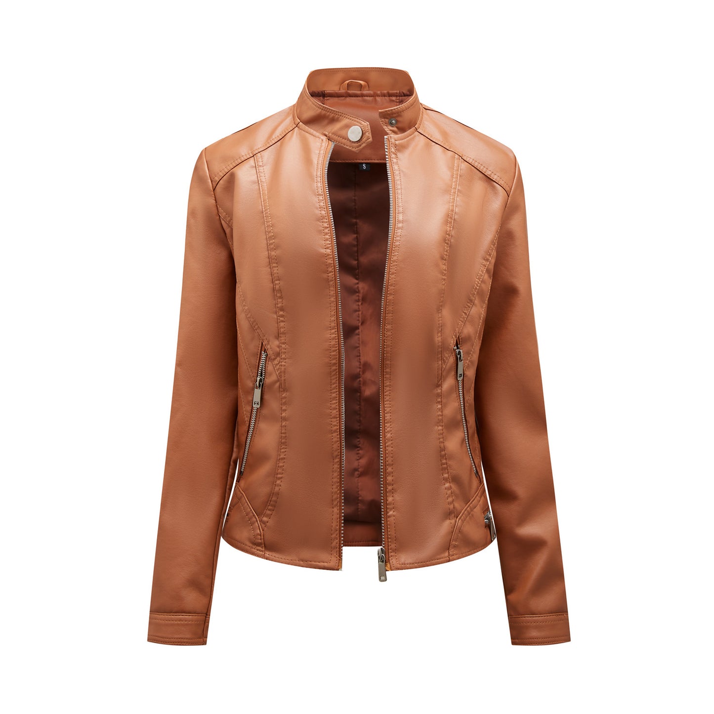 Women's Simple Casual Leather Stand Collar Zipper Jackets