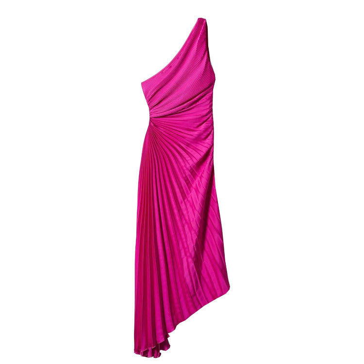 Women's Diagonal Collar Pleated Hollow Dress Satin Dresses