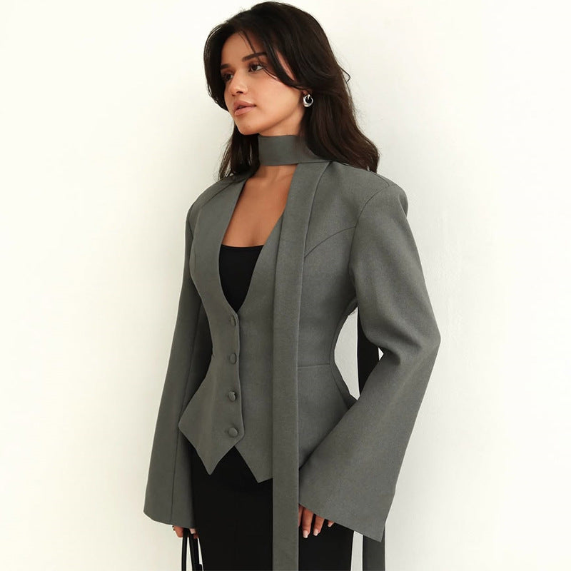 Women's Solid Color Scarf With Long Sleeves Blazers
