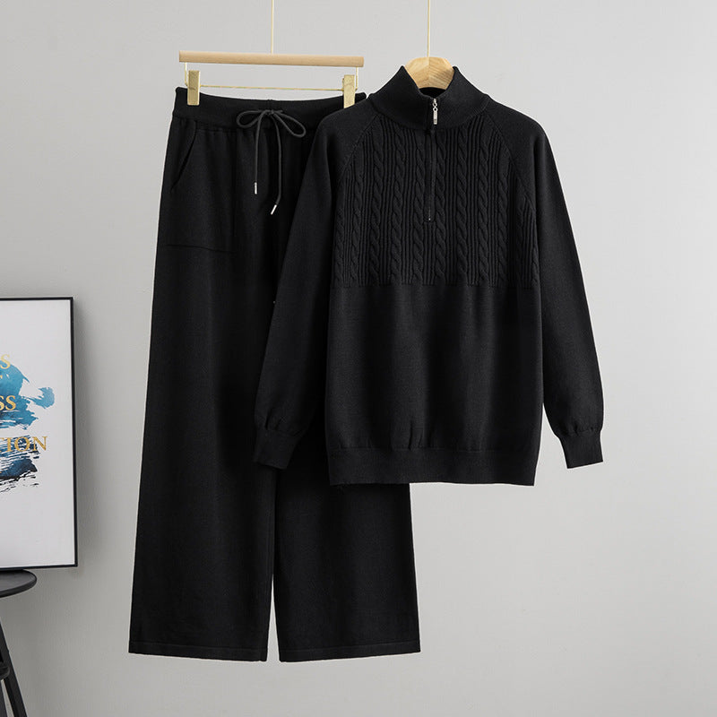 Women's Fashionable Knitted Temperament Wild Half Zipper Wide Leg Two-piece Suits