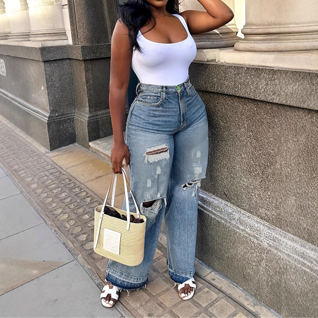 Women's Light Color Water Scrubbing Ripped Style Loose Jeans