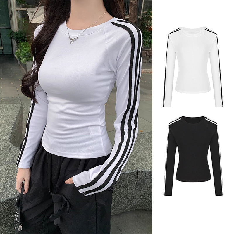 Women's Hot White Striped Long-sleeved Early Raglan Inner Women's T-shirt