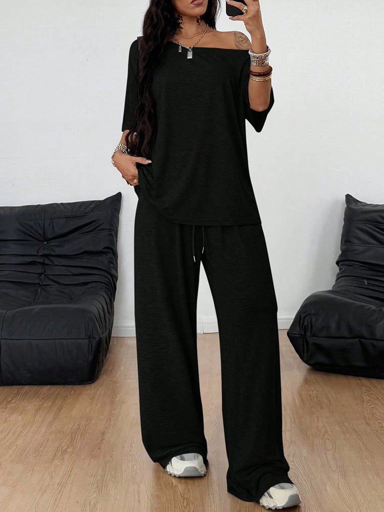Women's Diagonal Collar Solid Color Sports Two-piece Loose Fashion Casual Suit