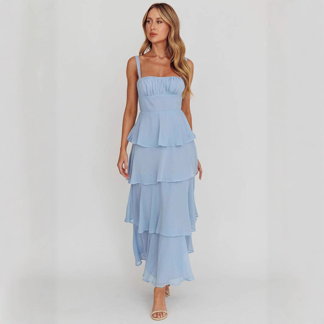 New Women's Suspender Layered Sleeveless Backless Dress