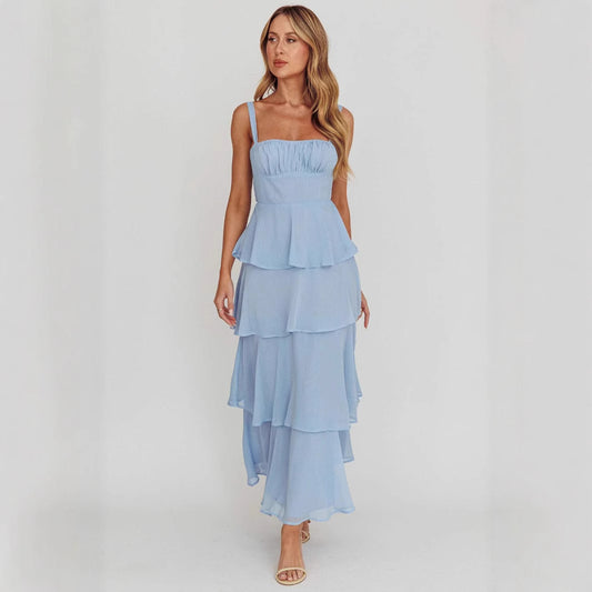 New Women's Suspender Layered Sleeveless Backless Dress