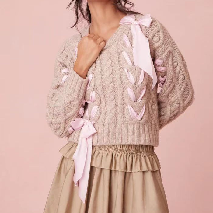 Women's Personalized Design Round Neck Bow Collar Ribbon Sweaters